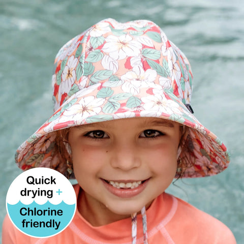 Girls Ponytail Swim Bucket Beach Hat- Hibiscus SS25