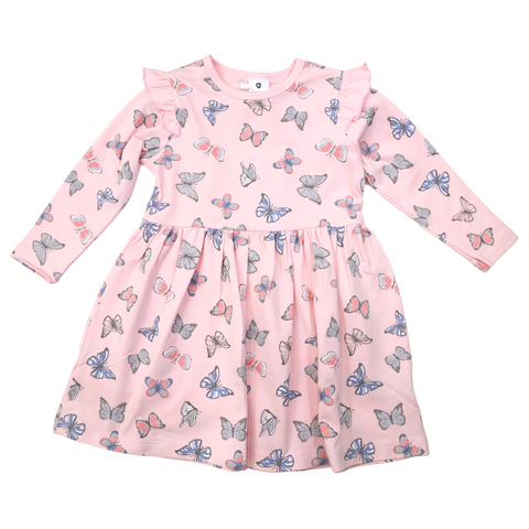 Butterfly Print Long Sleeve Dress Fairytale Pink AW24