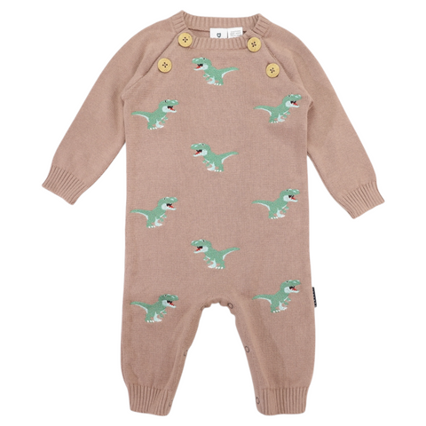 T-REX Embroidered Knit Onesie Chestnut AW25