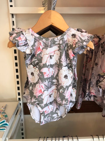Grey Floral S/S Luxe Frill Leotard