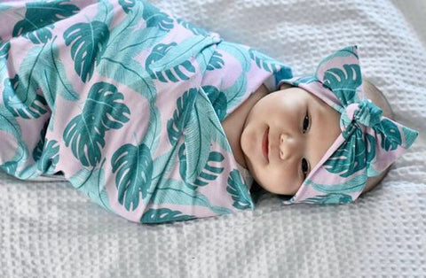 PINK PALM PRINT JERSEY WRAP & BOW KNOT HEADBAND GIFT SET