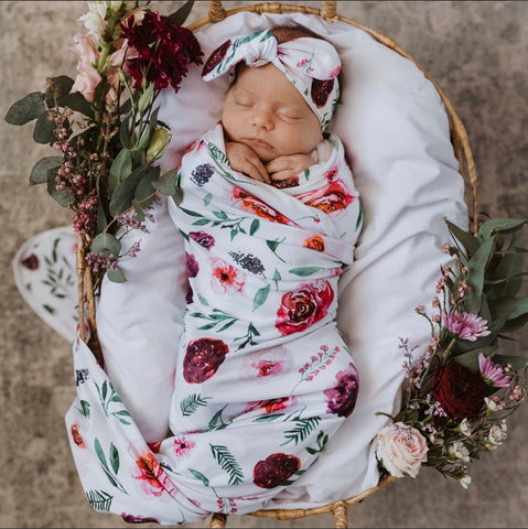 Peony Bloom Baby Jersey Wrap & Topknot Set