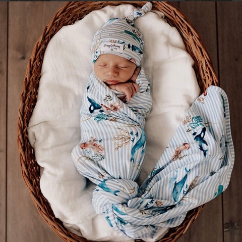 Whale Baby Jersey Wrap & Beanie Set