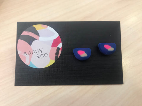 Navy, pink & grey half circle clay earrings