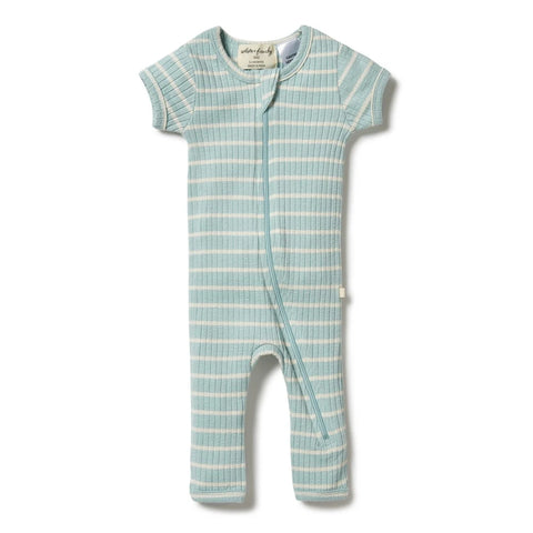 Pistachio / Ecru Organic Stripe Rib Zipsuit SS21