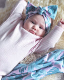 PINK PALM PRINT JERSEY WRAP & BOW KNOT HEADBAND GIFT SET