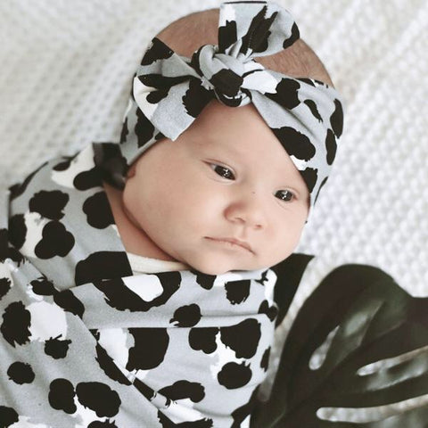BLACK AND SILVER LEOPARD PRINT JERSEY WRAP & BOW KNOT HEADBAND GIFT SET