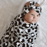 BLACK AND SILVER LEOPARD PRINT JERSEY WRAP & BOW KNOT HEADBAND GIFT SET